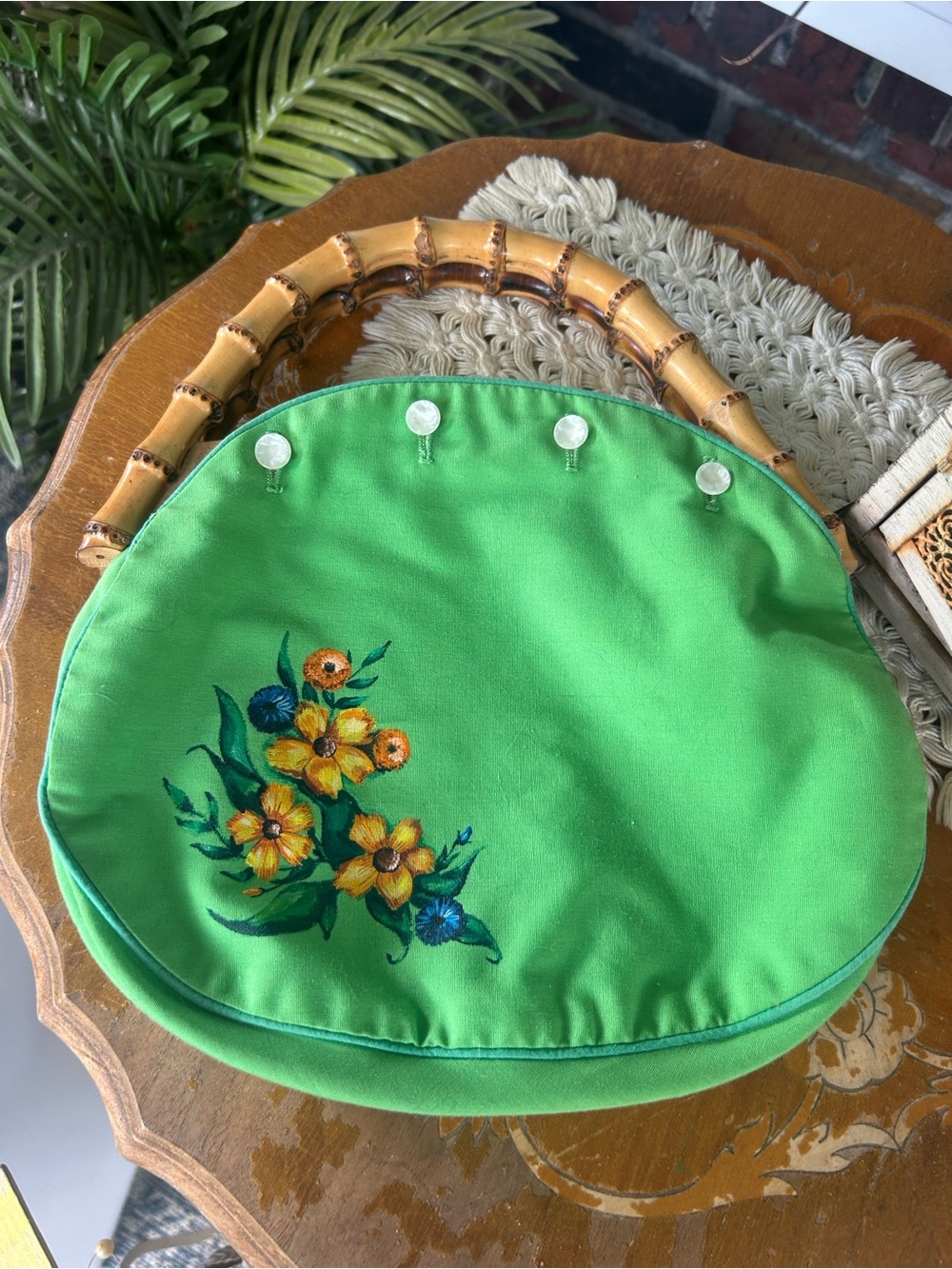 Vintage Green Bermuda Bag w Bamboo-Handles